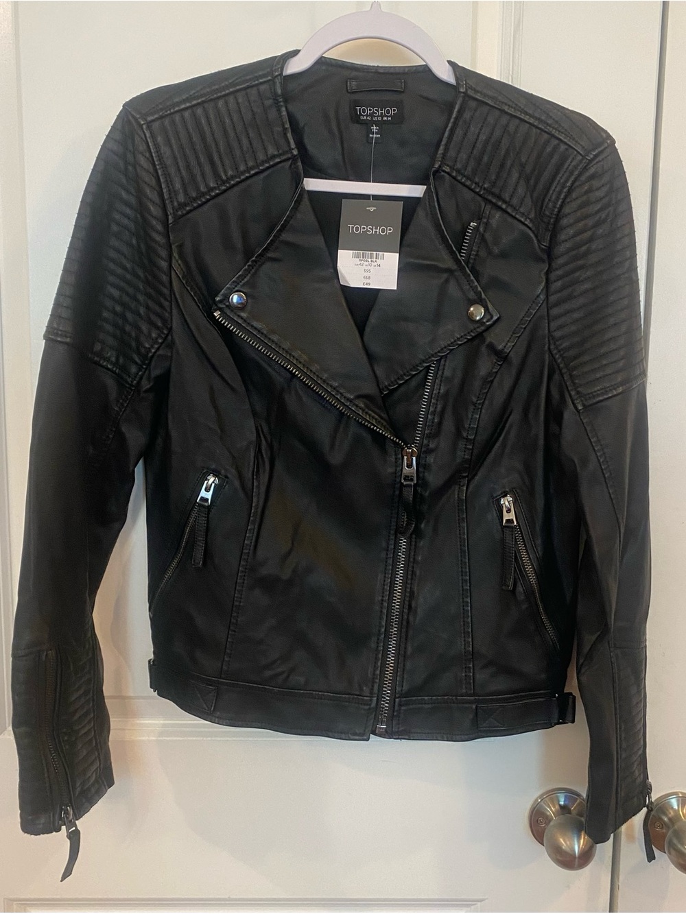 Top Shop Faux Leather Moto Jacket Sz 10 Black Asymmetrical Zip Front Lined